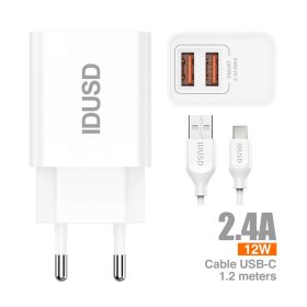 Carregador Inteligente 2U 2,4A + Cabo USB-C - D43B | IDUSD